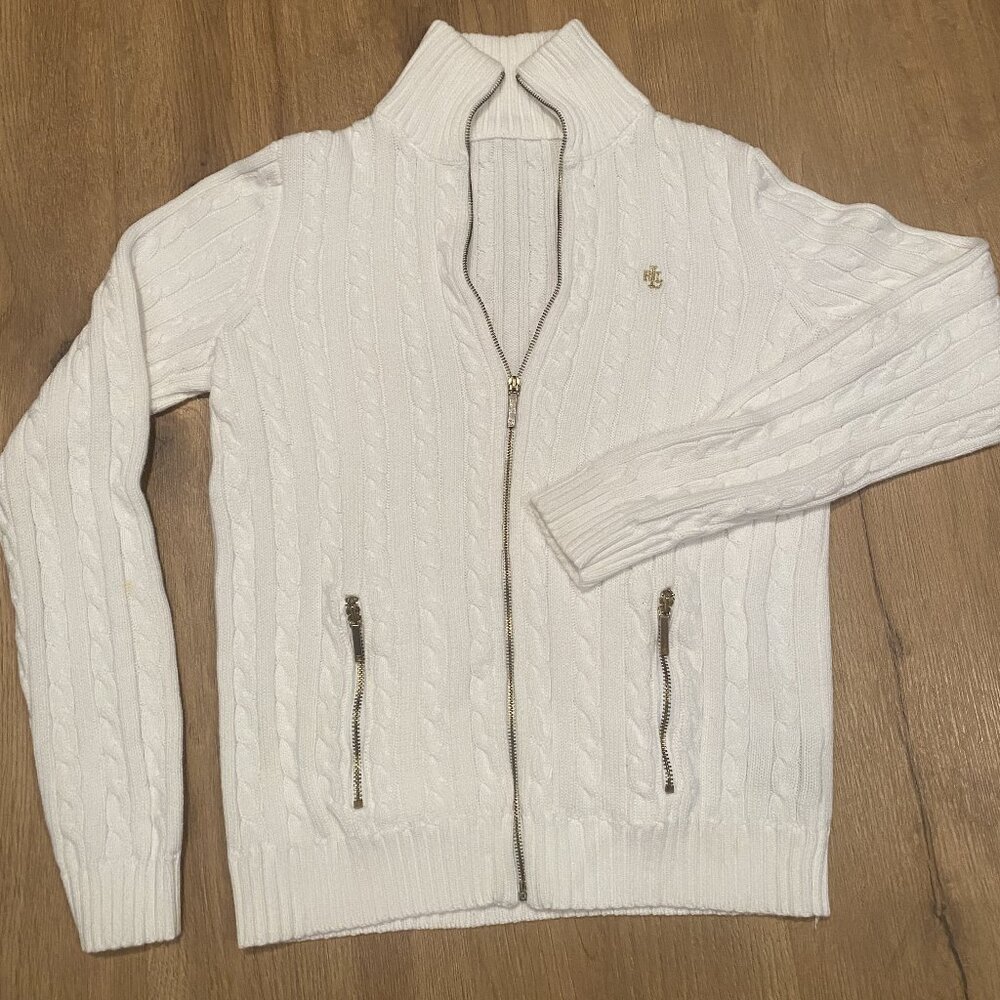 LAUREN RALPH LAUREN WHITE CABLE KNIT ZIP UP SWEATER SZ XS-M MINOR FLAWS NOTED